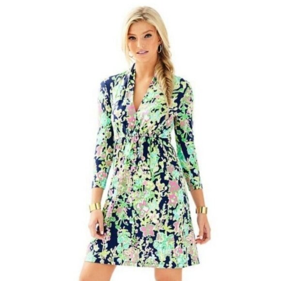 Lilly Pulitzer Alexandra Navy Floral Dress S 3/4 Sleeve Tropical Southern Casual - Picture 1 of 11